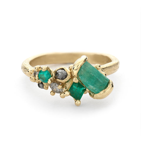 Raw Emerald Tumbling Cluster Ring by Ruth Tomlinson, handcrafted in London