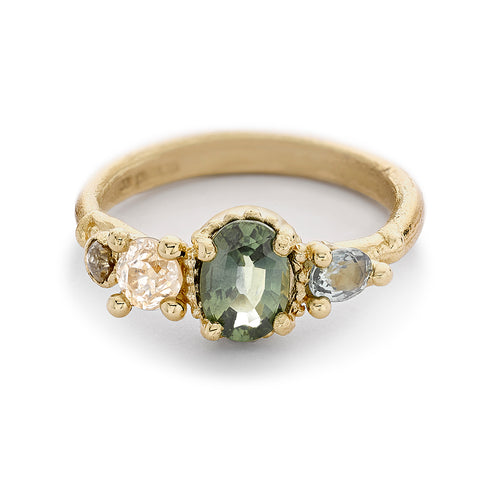 Green Sapphire and Diamond Four Stone Ring by Ruth Tomlinson, handmade in London