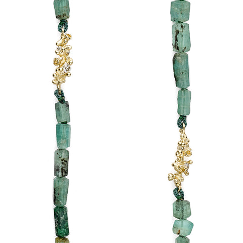 Raw Emerald Necklace with Diamond Encrusted Clusters from Ruth Tomlinson, handmade in London