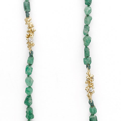Raw Emerald Necklace with White Diamond Encrustations by Ruth Tomlinson, handmade in London