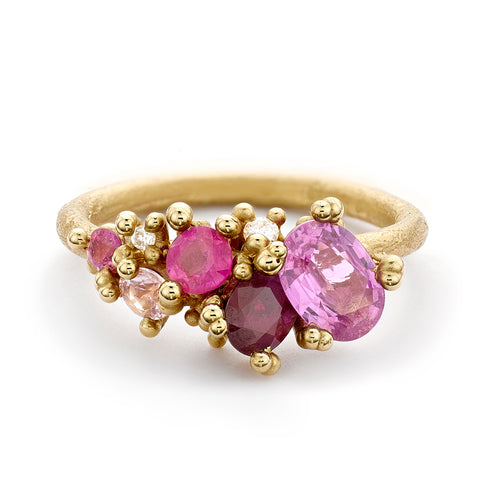 Mixed Sapphire and Ruby Tumbling Cluster Ring from Ruth Tomlinson, handmade in London
