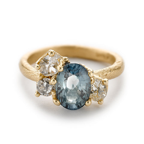 Teal Sapphire and Diamond Radiant Cluster Ring from Ruth Tomlinson, handmade in London