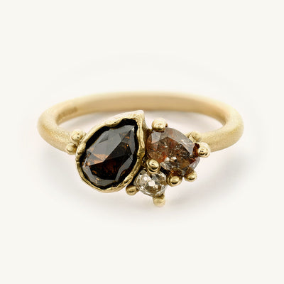 An alternative champagne diamond engagement ring from Ruth Tomlinson, handmade using recycled gold.