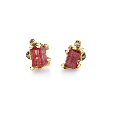 Pink Tourmaline and Grey Diamond Encrusted Studs from Ruth Tomlinson, handmade in London