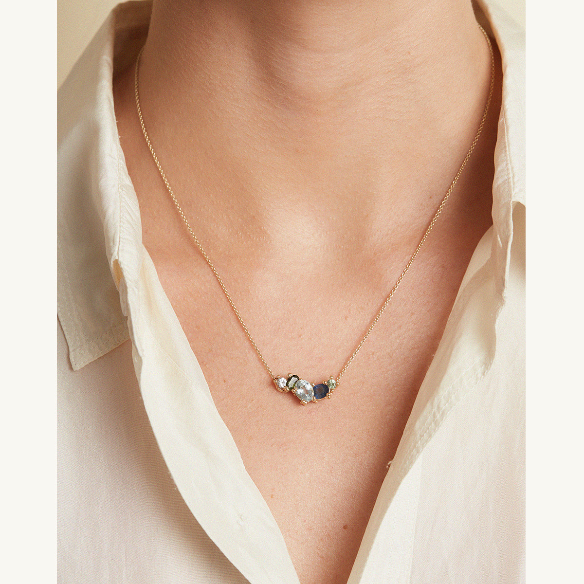 Aquamarine and Sapphire Asymmetric Cluster Bar Necklace