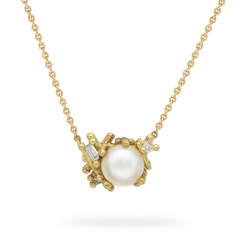 Pearl and Baguette Diamond Encrusted Necklace from Ruth Tomlinson, handmade in London