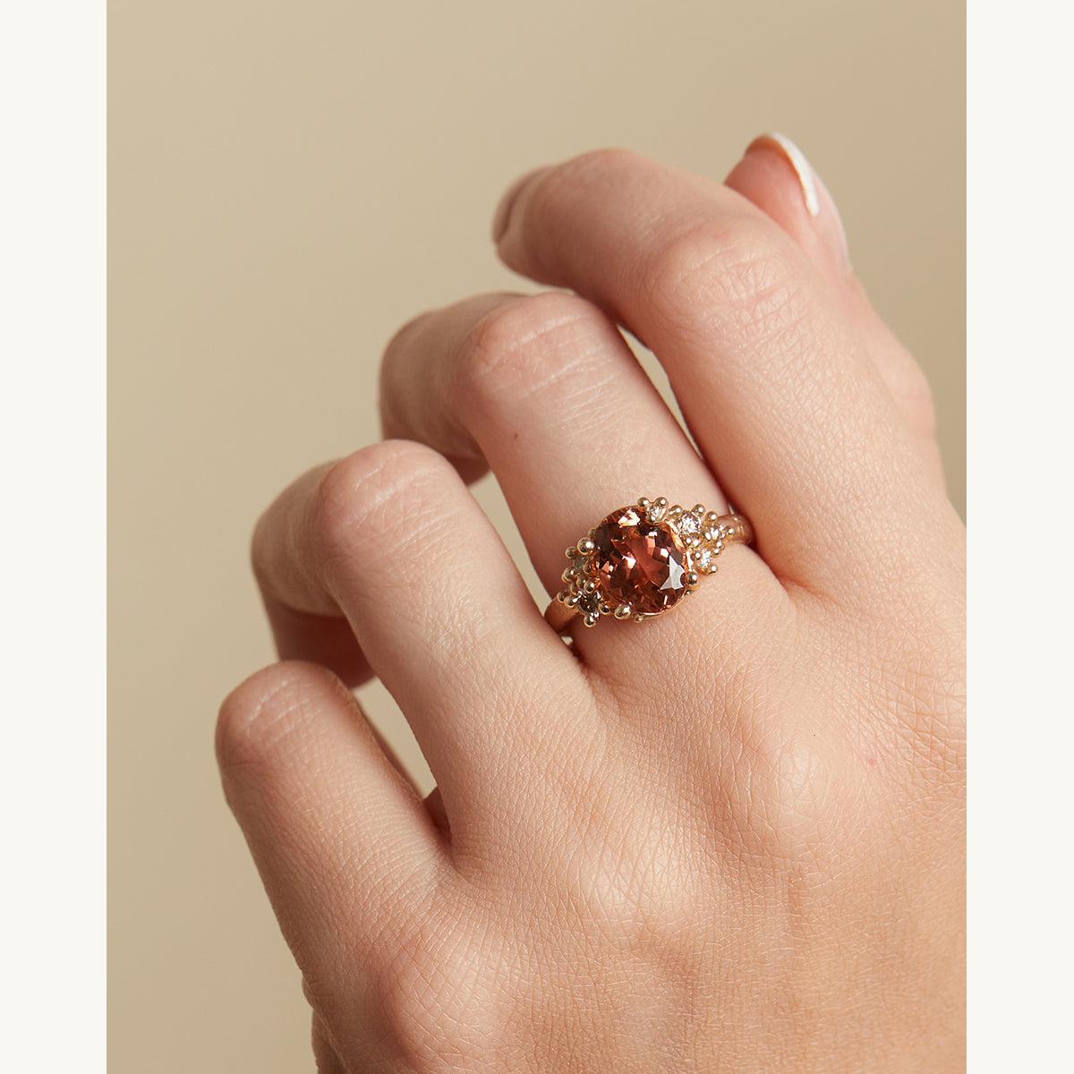 Pink Tourmaline and Diamond Ring with Granules