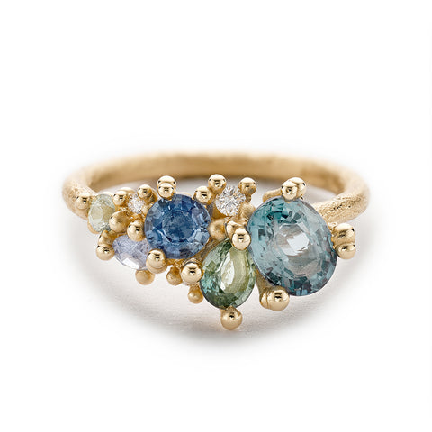 Mixed Sapphire and Diamond Tumbling Cluster Ring by Ruth Tomlinson, Handmade in London