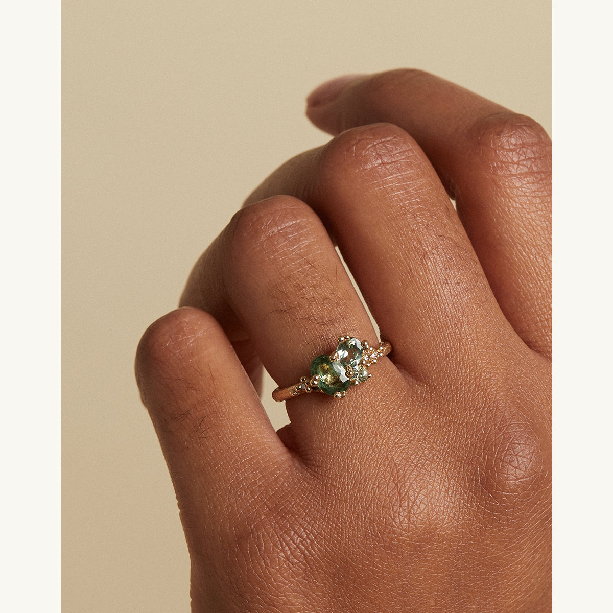 Green Sapphire and Diamond Asymmetric Cluster Ring