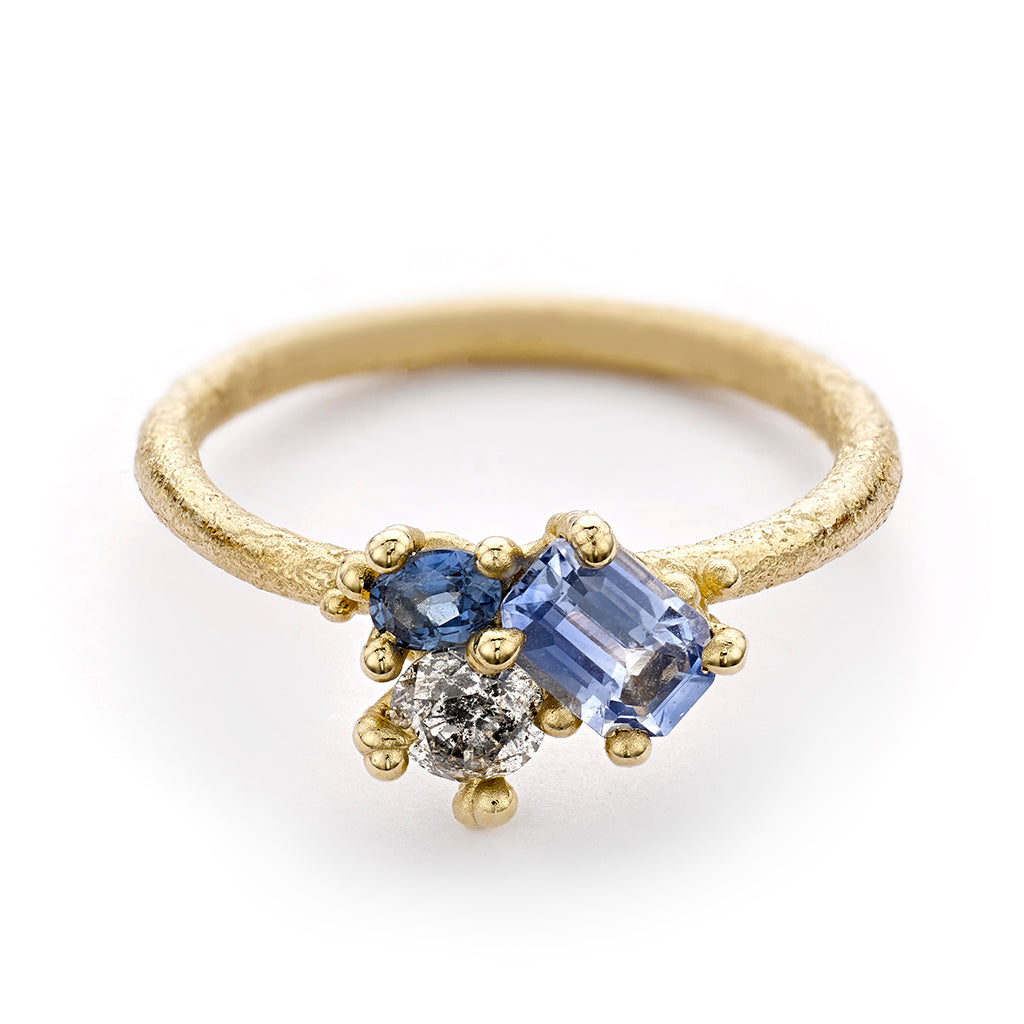 Blue Sapphire and Diamond Asymmetric Cluster Ring by Ruth Tomlinson, handmade in London