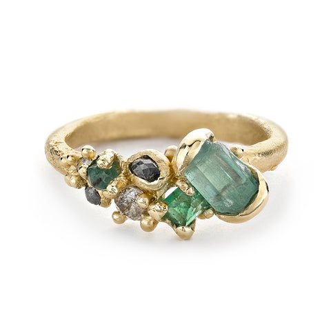 Raw Emerald Tumbling Cluster Ring by Ruth Tomlinson, handcrafted in London
