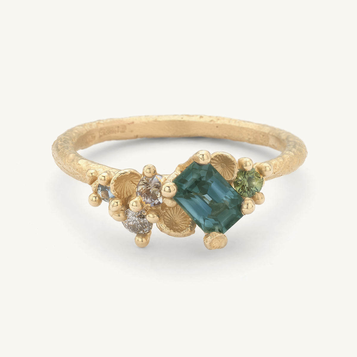 Sapphire and Grey Diamond Asymmetric Tumbling Ring