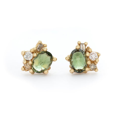 Inverted Green Sapphire and Diamond Sweeping Cluster Studs from Ruth Tomlinson, handmade in London