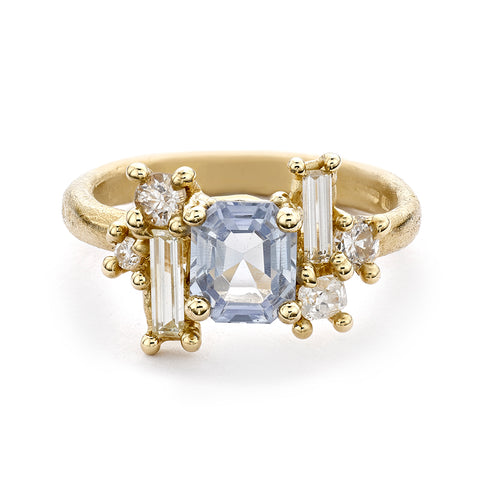 Pale Blue Sapphire and Diamond Luminous Cluster Ring by Ruth Tomlinson, handmade in London