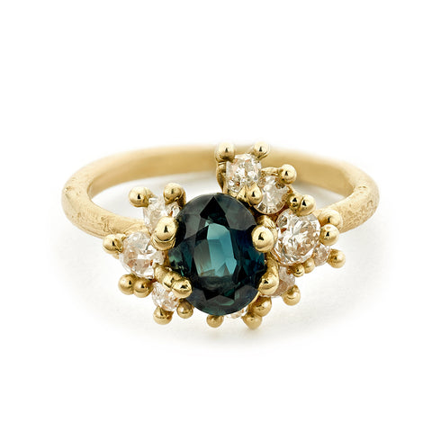 Teal Sapphire and Diamond Sweeping Cluster Ring by Ruth Tomlinson, handmade in London