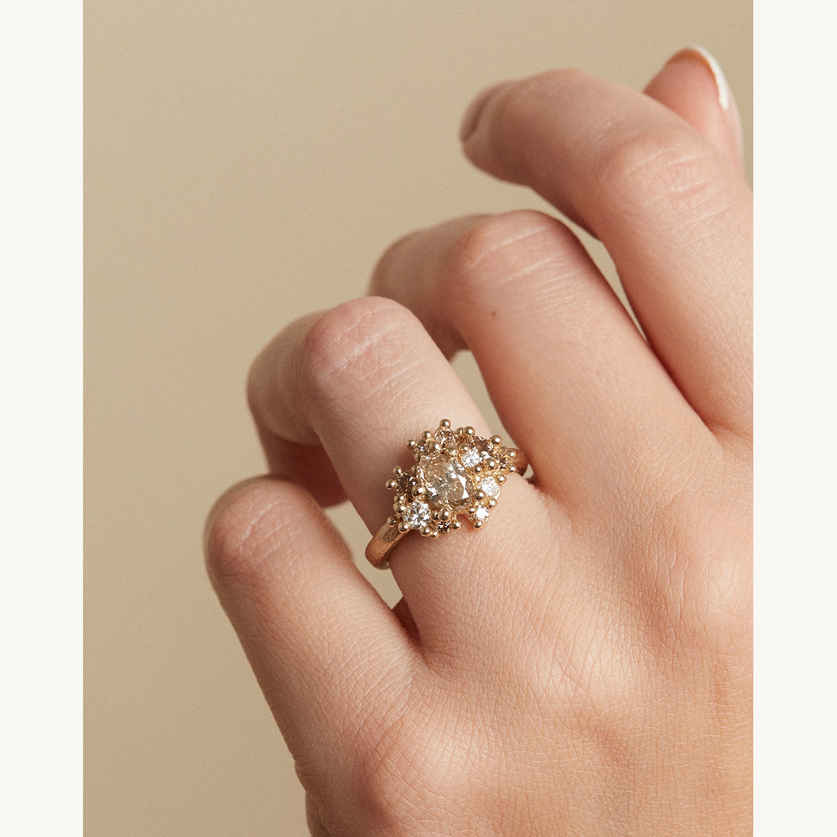 Oval Champagne and White Diamond Sweeping Cluster Ring