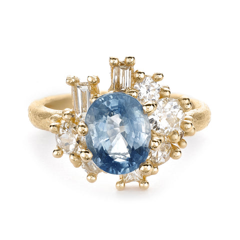 Blue Sapphire and Diamond Sweeping Cluster Ring from Ruth Tomlinson, handmade in London