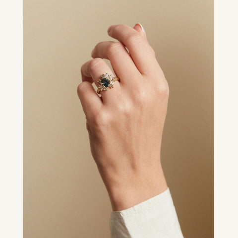 Teal Sapphire and Diamond Sweeping Cluster Ring from Ruth Tomlinson, handcrafted in London