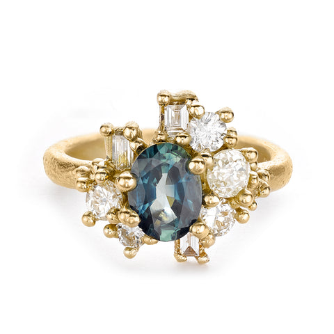Teal Sapphire and Diamond Sweeping Cluster Ring