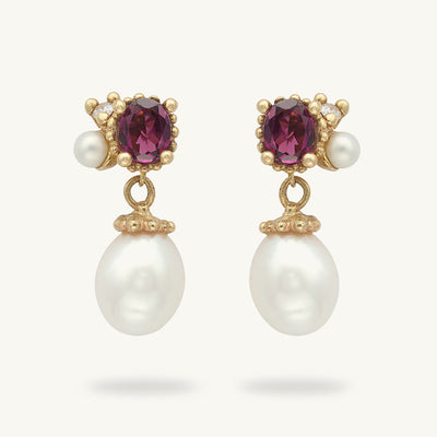 Ruth Tomlinson Pearl and Garnet drop earrings made from recycled gold