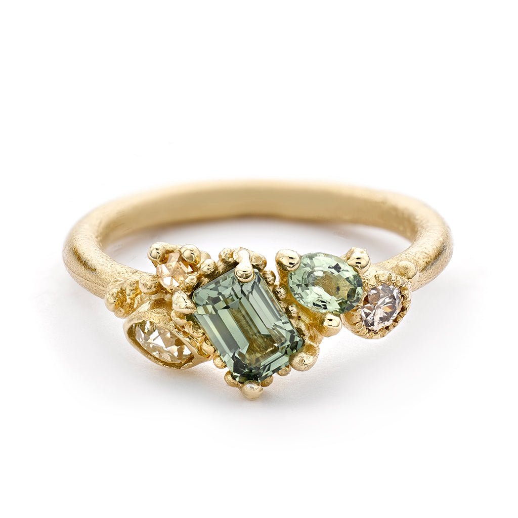 Emerald Cut Green Sapphire Asymmetric Cluster Ring from Ruth Tomlinson, handmade in London