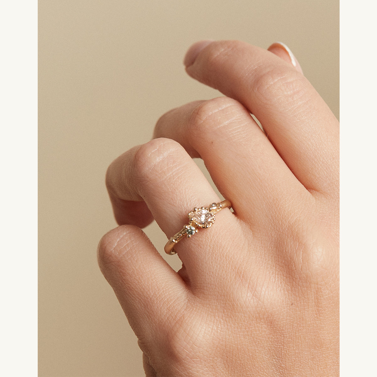 Champagne Diamond Solitaire Ring with Beaded Setting