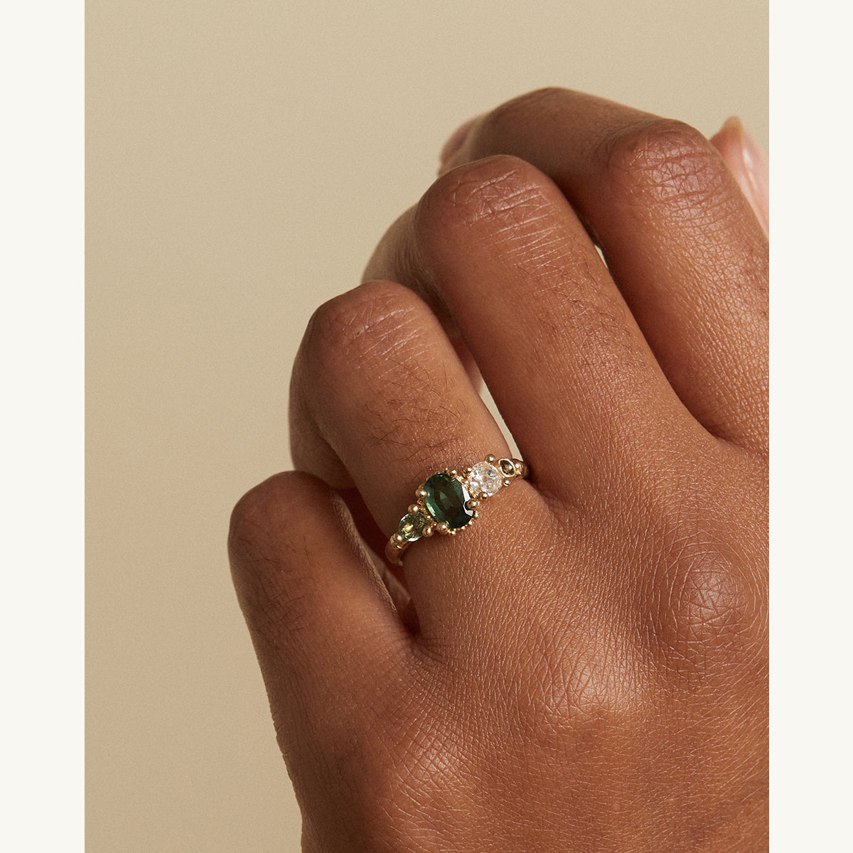 Green Sapphire and Diamond Four Stone Ring