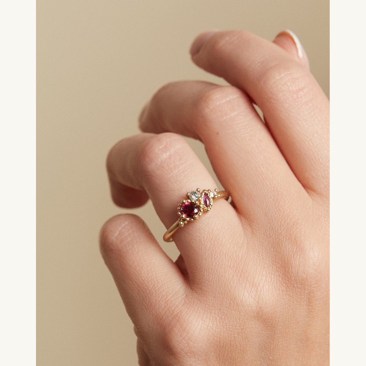 Four Stone Ruby and Diamond Cluster Ring