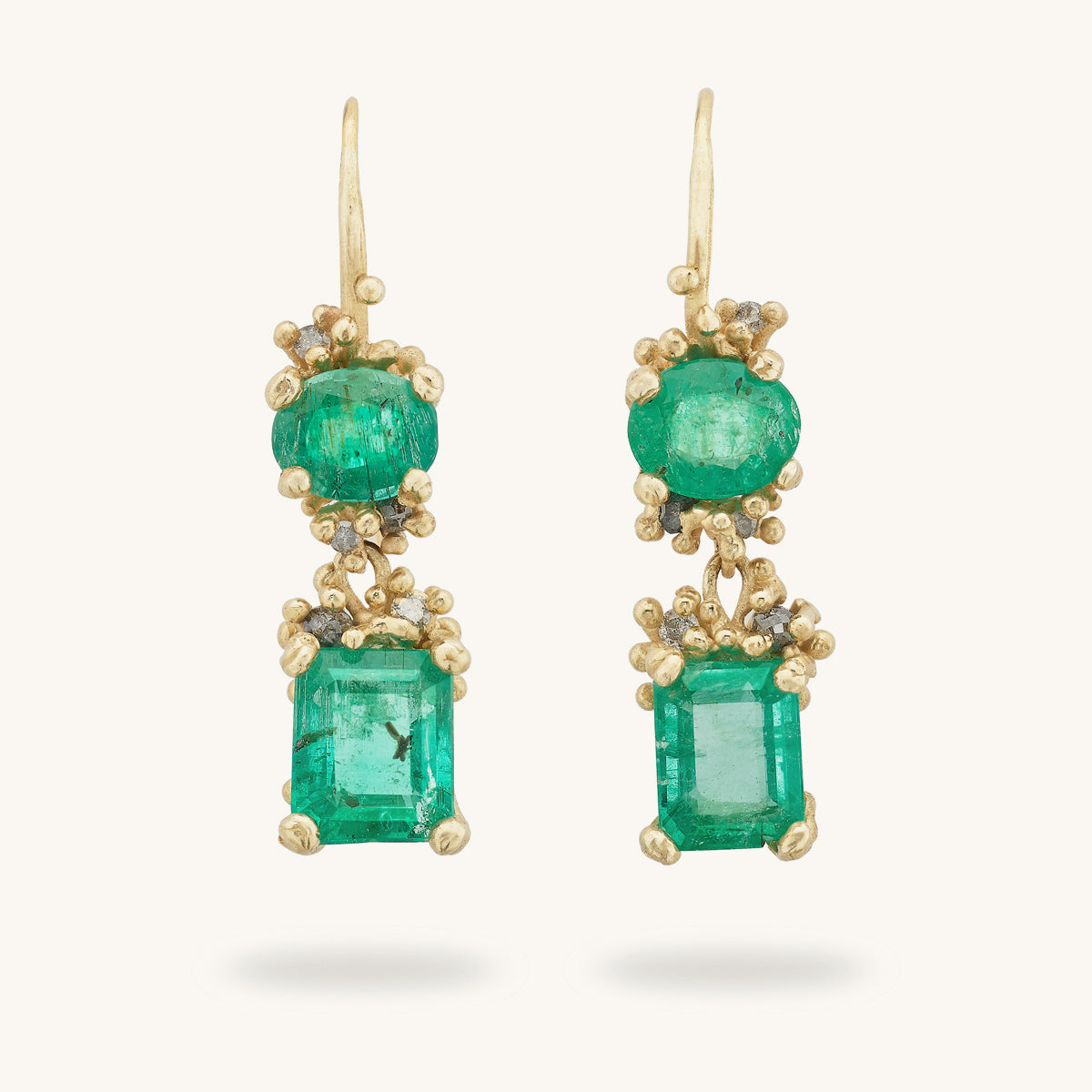 One of a Kind Asymmetric Emerald Double Drop Earrings by Ruth Tomlinson Handmade in London with Recycled Gold