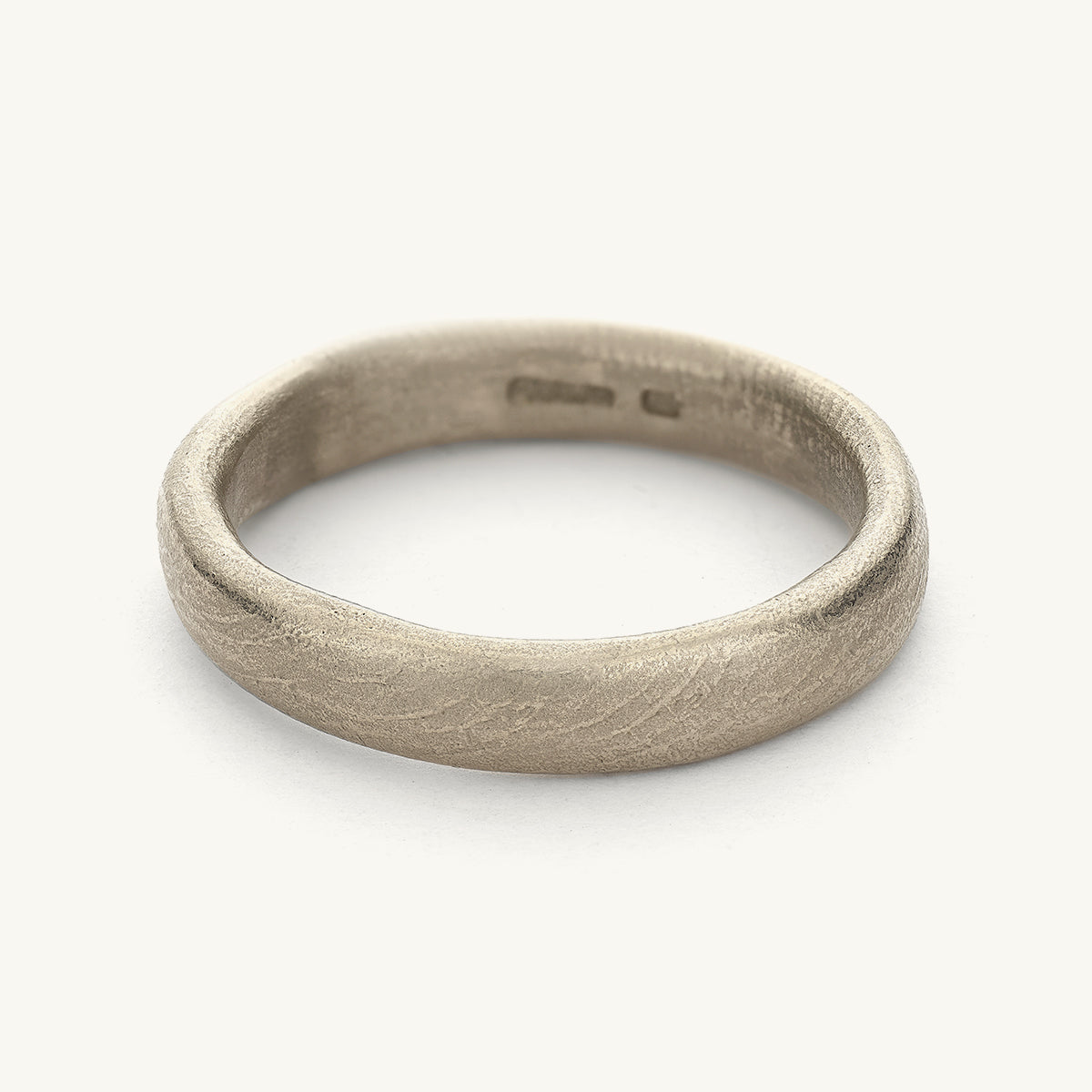 4mm mens wedding band from Ruth Tomlinson, handmade in recycled 18ct white gold