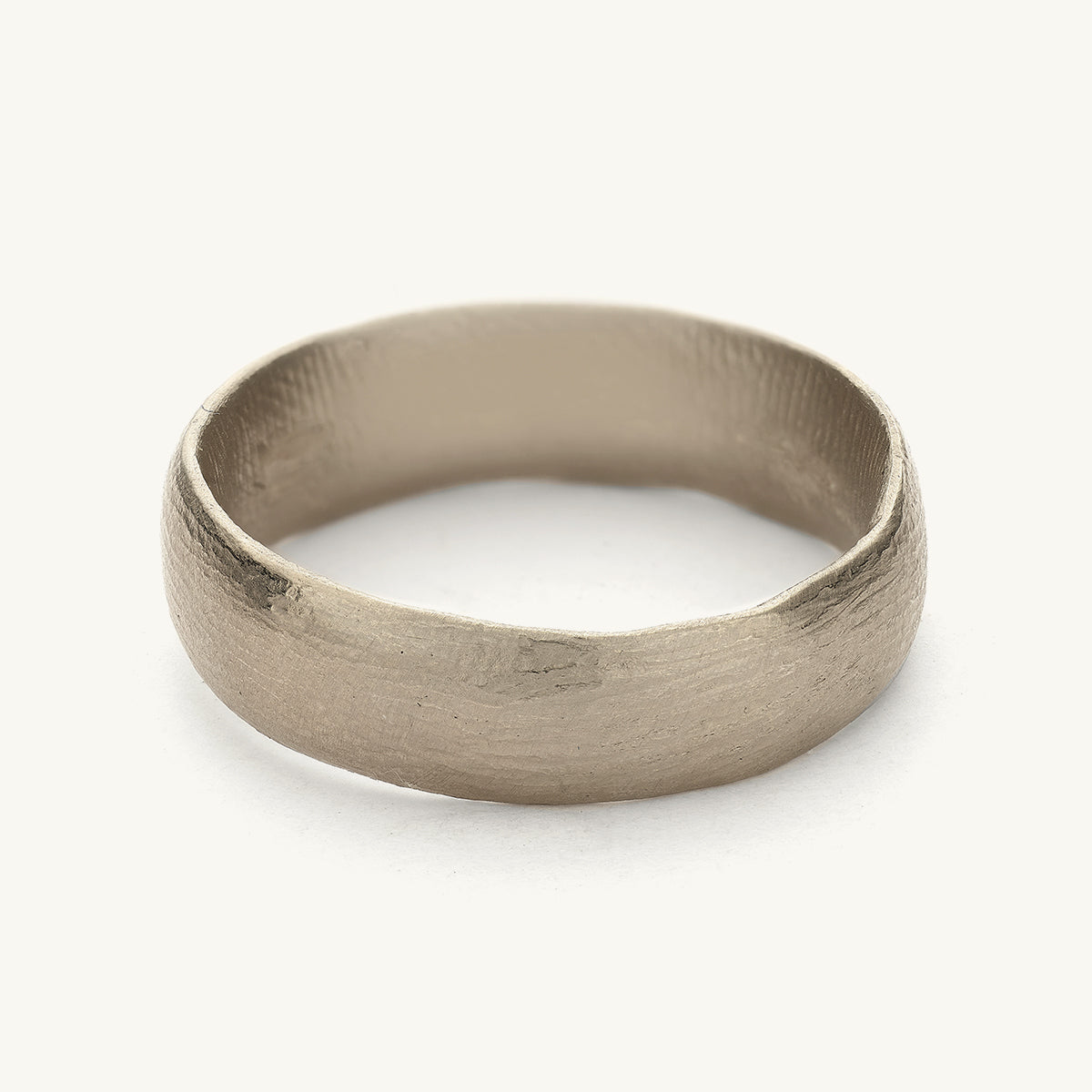 6mm wedding band from Ruth Tomlinson, handmade in recycled 18ct white gold