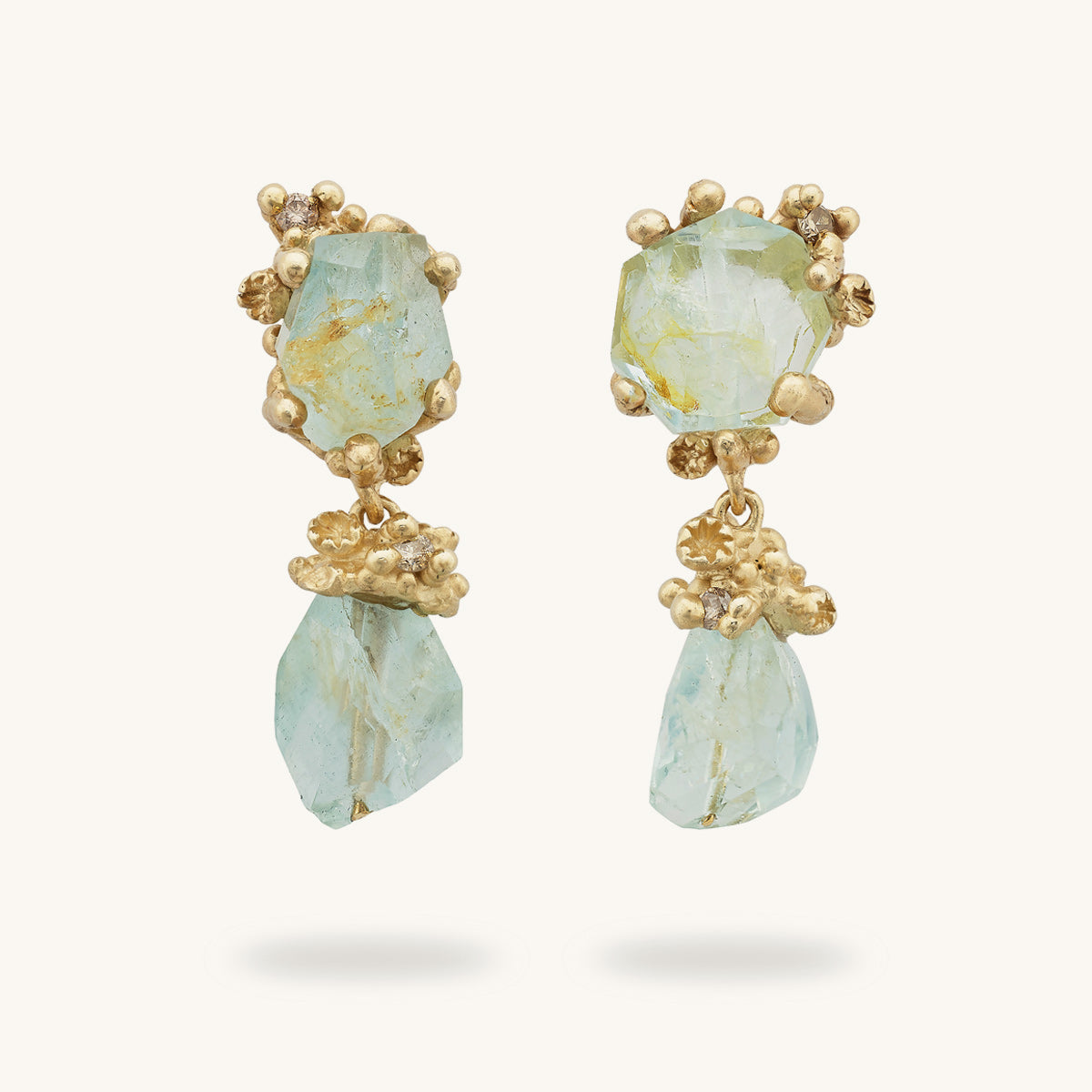 Ethereal One-of-a-Kind Raw Aquamarine and Diamond Drop Earrings