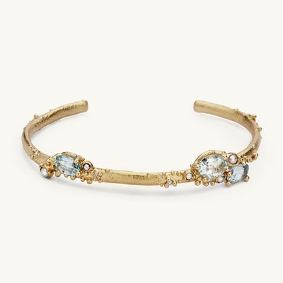 Ruth Tomlinson Aquamarine and pearl cuff bracelet made from recycled gold