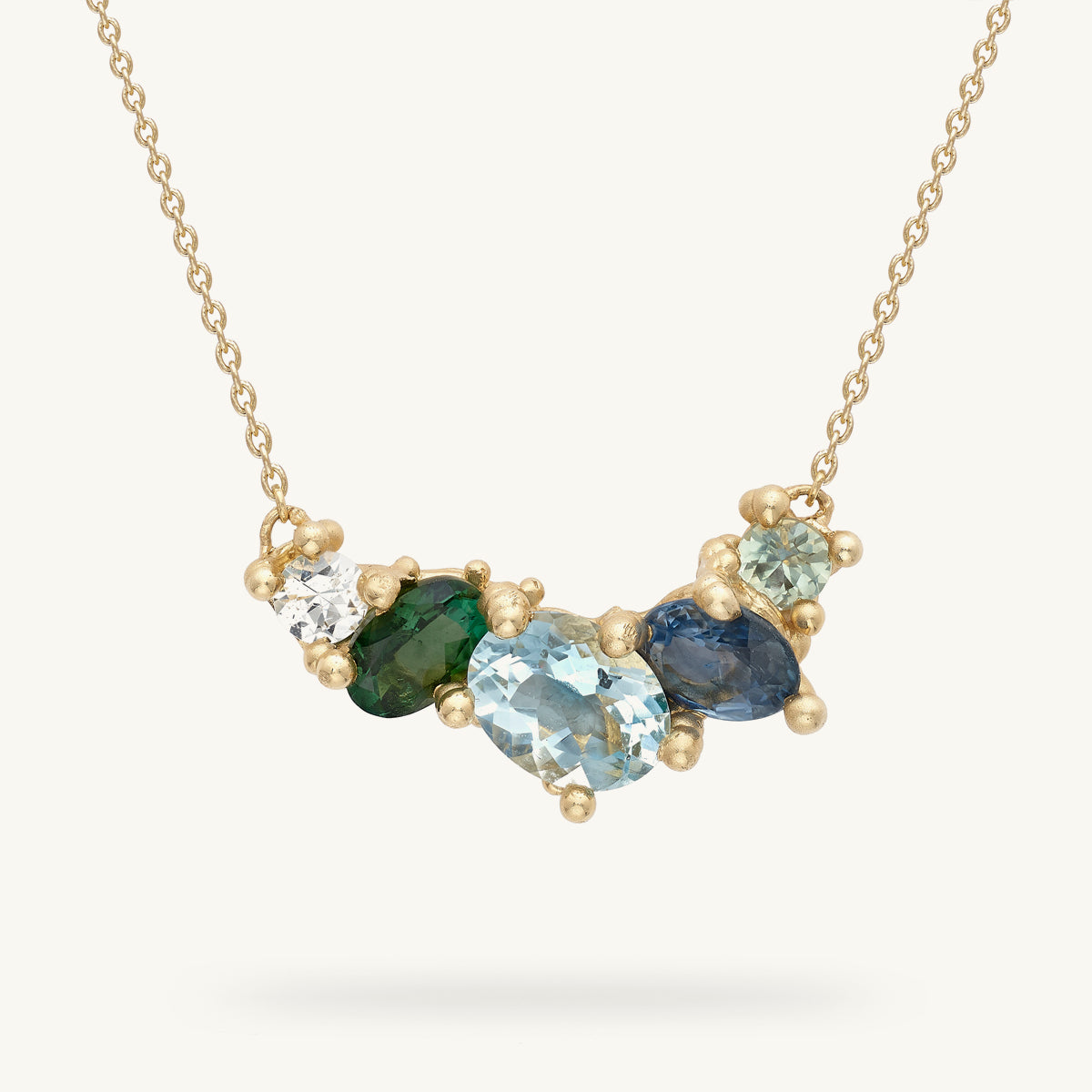 Ruth Tomlinson Aquamarine and Tourmaline Bar Necklace made from recycled gold