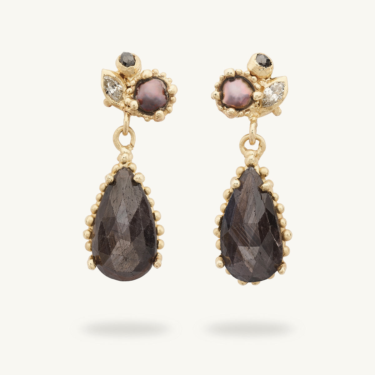 Ruth Tomlinson one of a kind statement sapphire and pearl drop earrings made from recycled gold