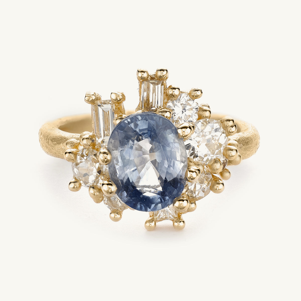 Ruth Tomlinson Blue Sapphire and Diamond Sweeping Cluster Ring