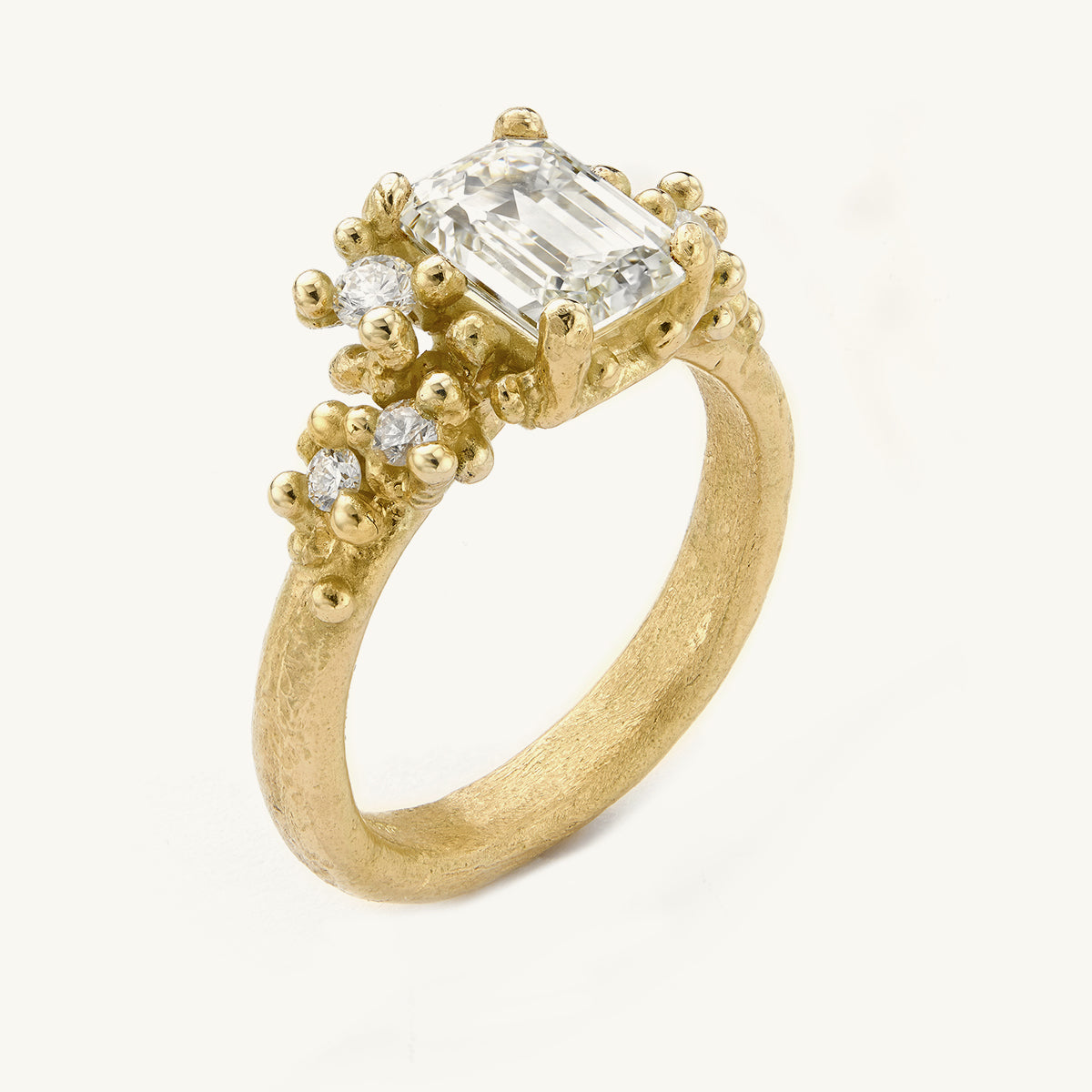 Ruth Tomlinson Emerald Cut Diamond Ring with Granules and White Diamonds