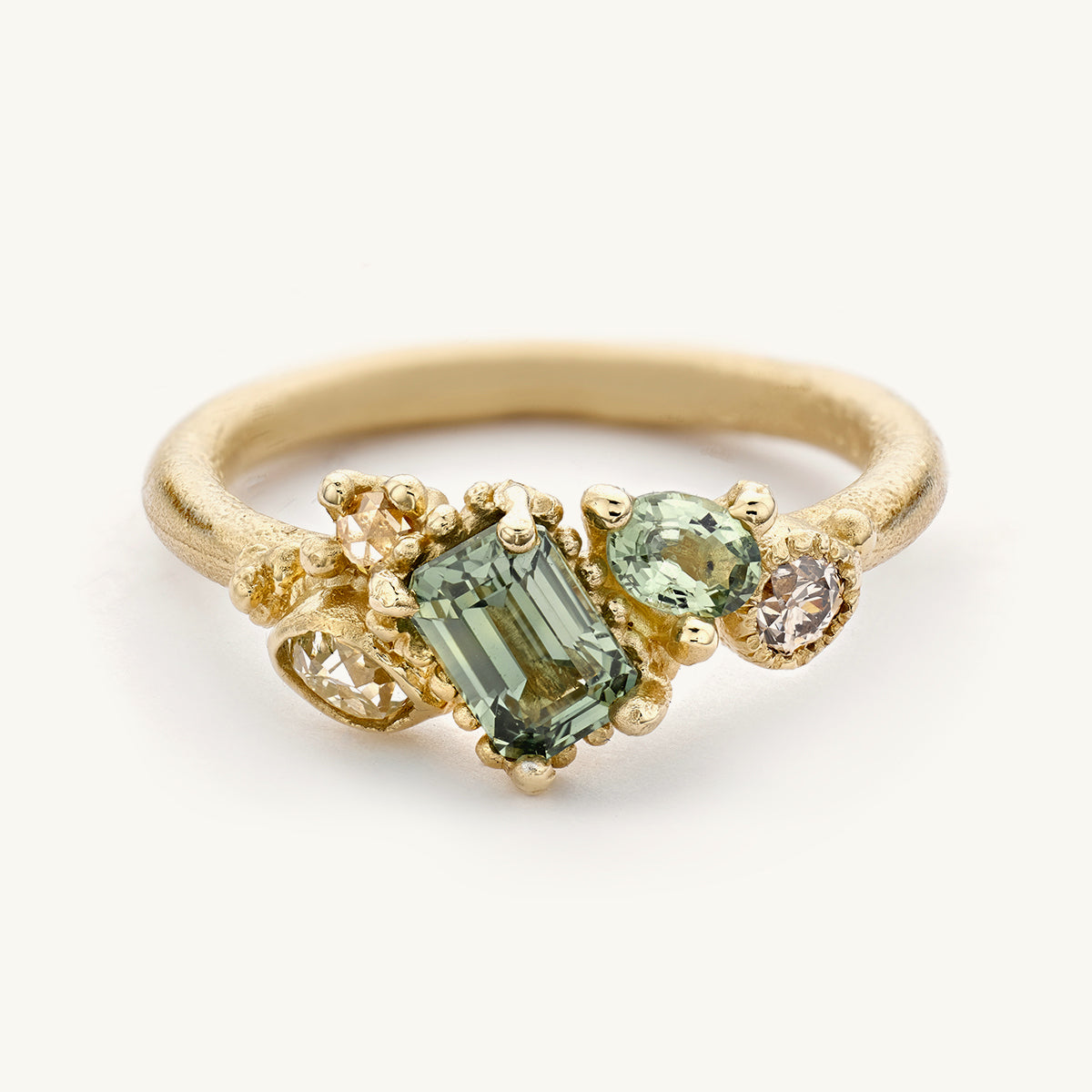 Ruth Tomlinson Emerald Cut Green Sapphire Asymmetric Cluster Ring