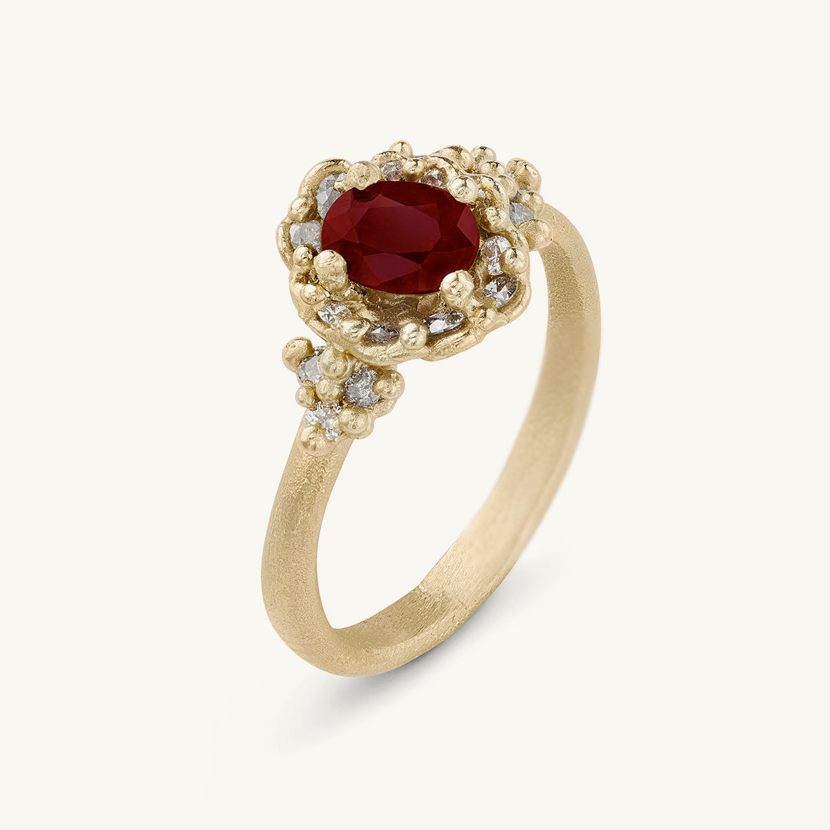 Ruth Tomlinson one of a kind alternative engagement ring with responsibly sourced Gemfields ruby and diamond clusters, made from recycled gold