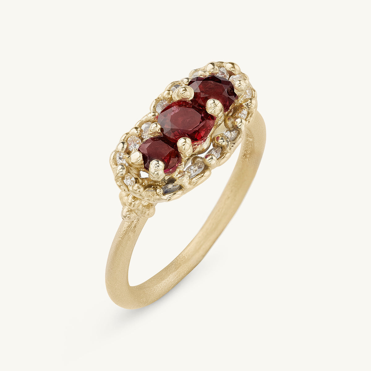 Ruth Tomlinson one of a kind responsibly sourced alternative ruby cluster engagement ring, made from recycled gold