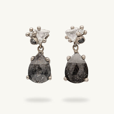 Ruth Tomlinson one of a kind grey diamond drop earrings set in natural recycled white gold