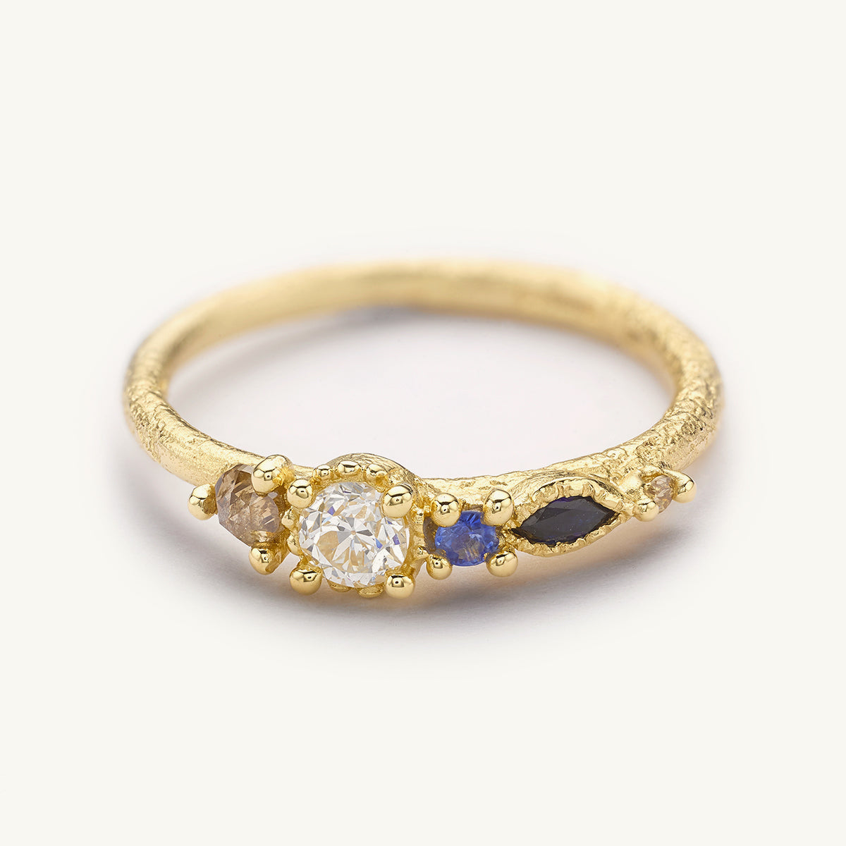 Ruth Tomlinson Mixed Stone Delicate Alternative Engagement Ring with White Diamond made from recycled gold