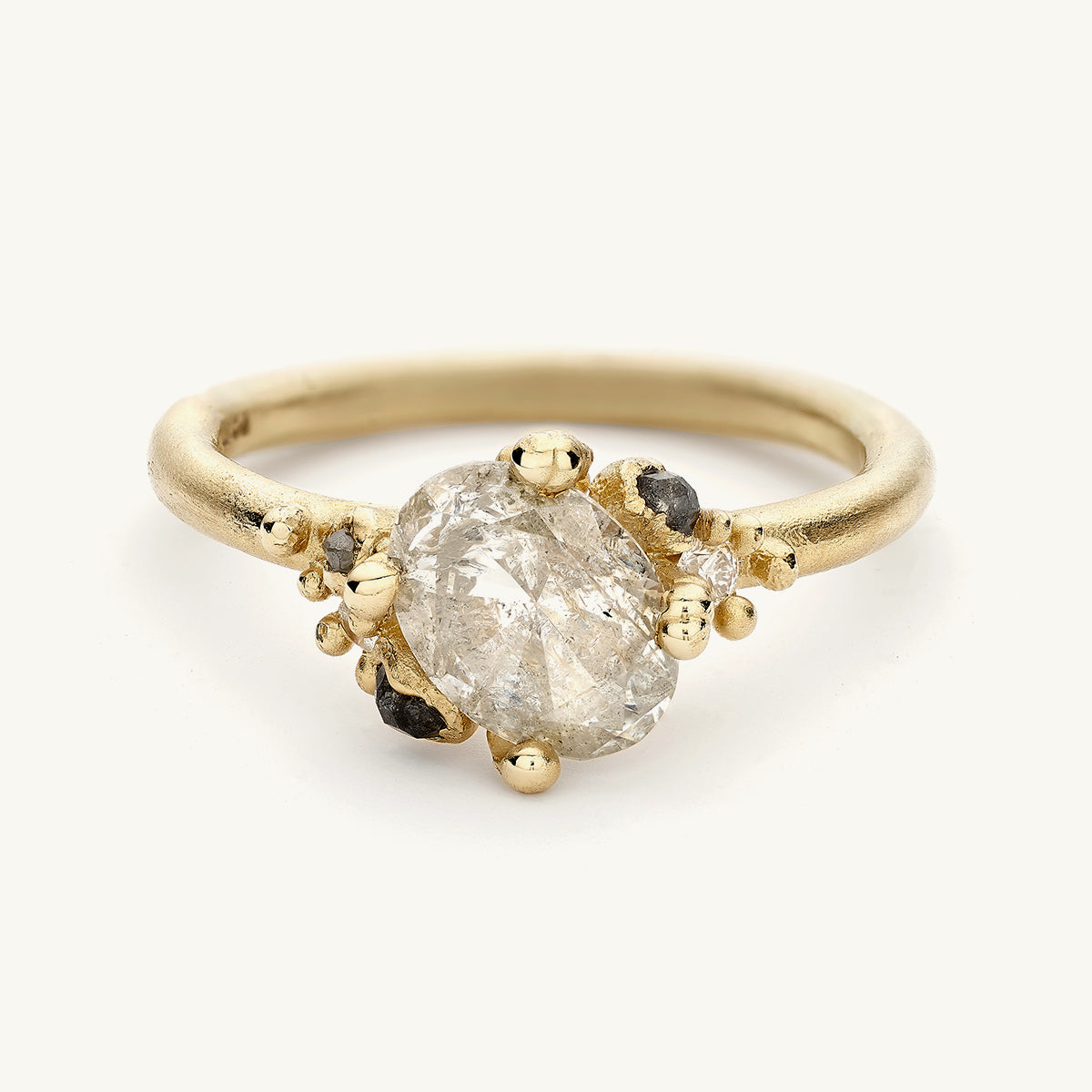 Ruth Tomlinson one of a kind salt and pepper diamond alternative engagement ring made with recycled gold