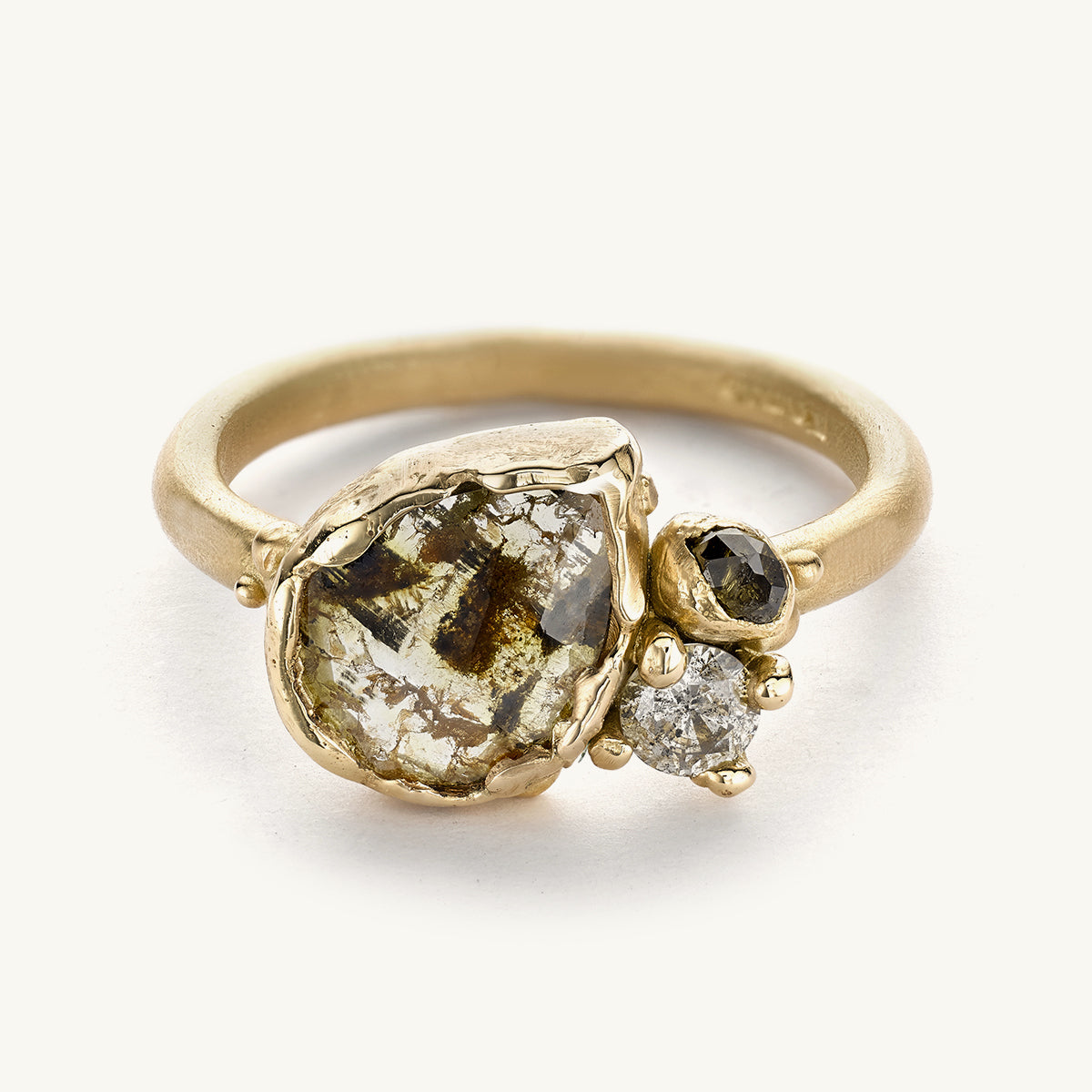 Ruth Tomlinson one of a kind speckled rose cut diamond alternative engagement ring made with recycled gold