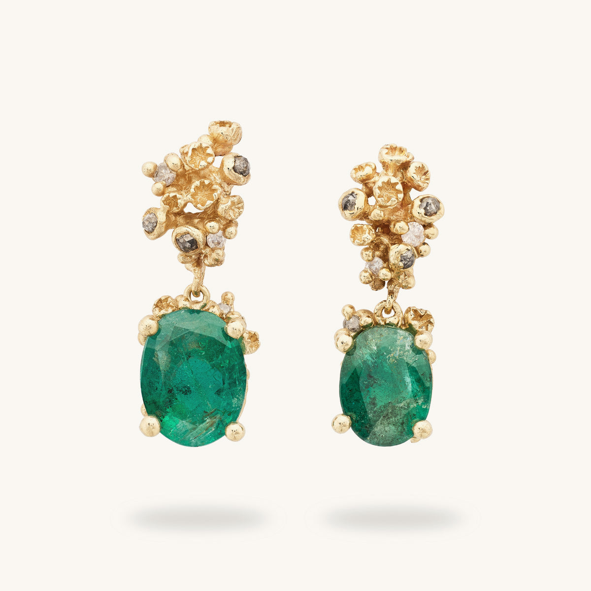 Ruth Tomlinson One of a Kind Asymmetric Emerald Drop Earrings Handmade in London with Recycled Gold