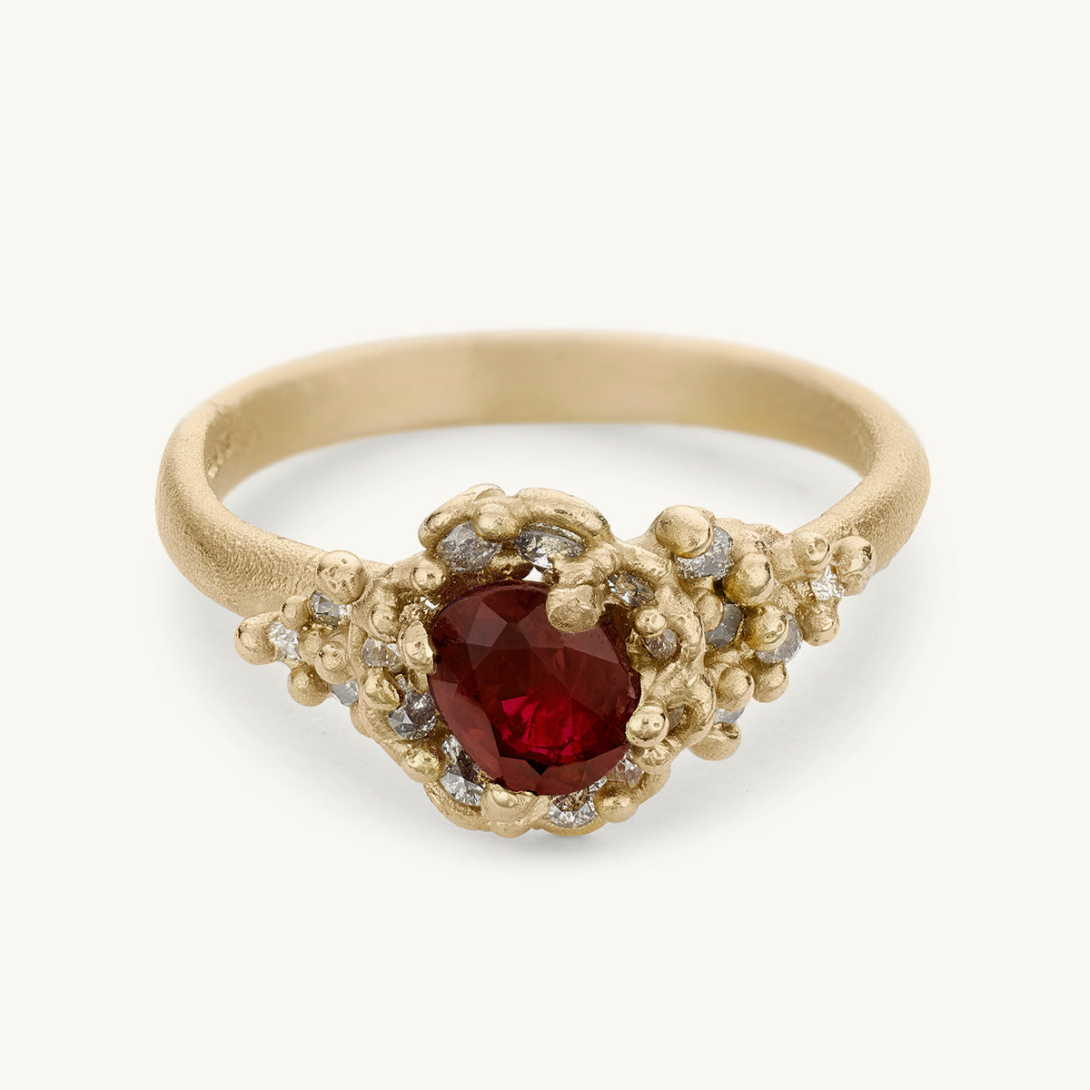 Ruth Tomlinson one of a kind alternative engagement ring with responsibly sourced Gemfields ruby and diamond clusters, made from recycled gold