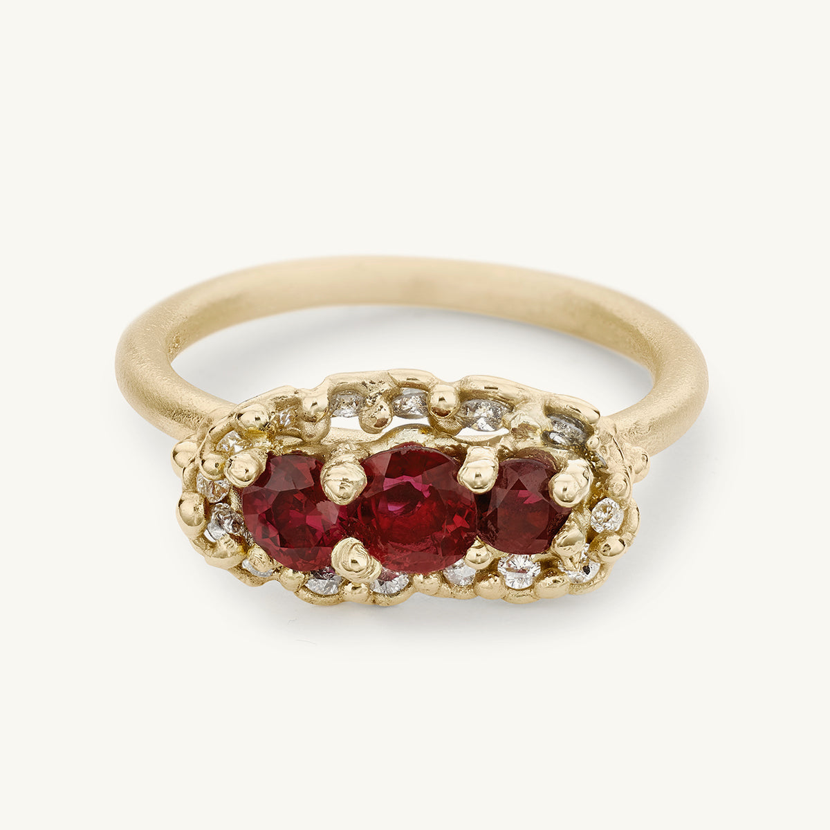 Ruth Tomlinson one of a kind responsibly sourced alternative ruby cluster engagement ring, made from recycled gold