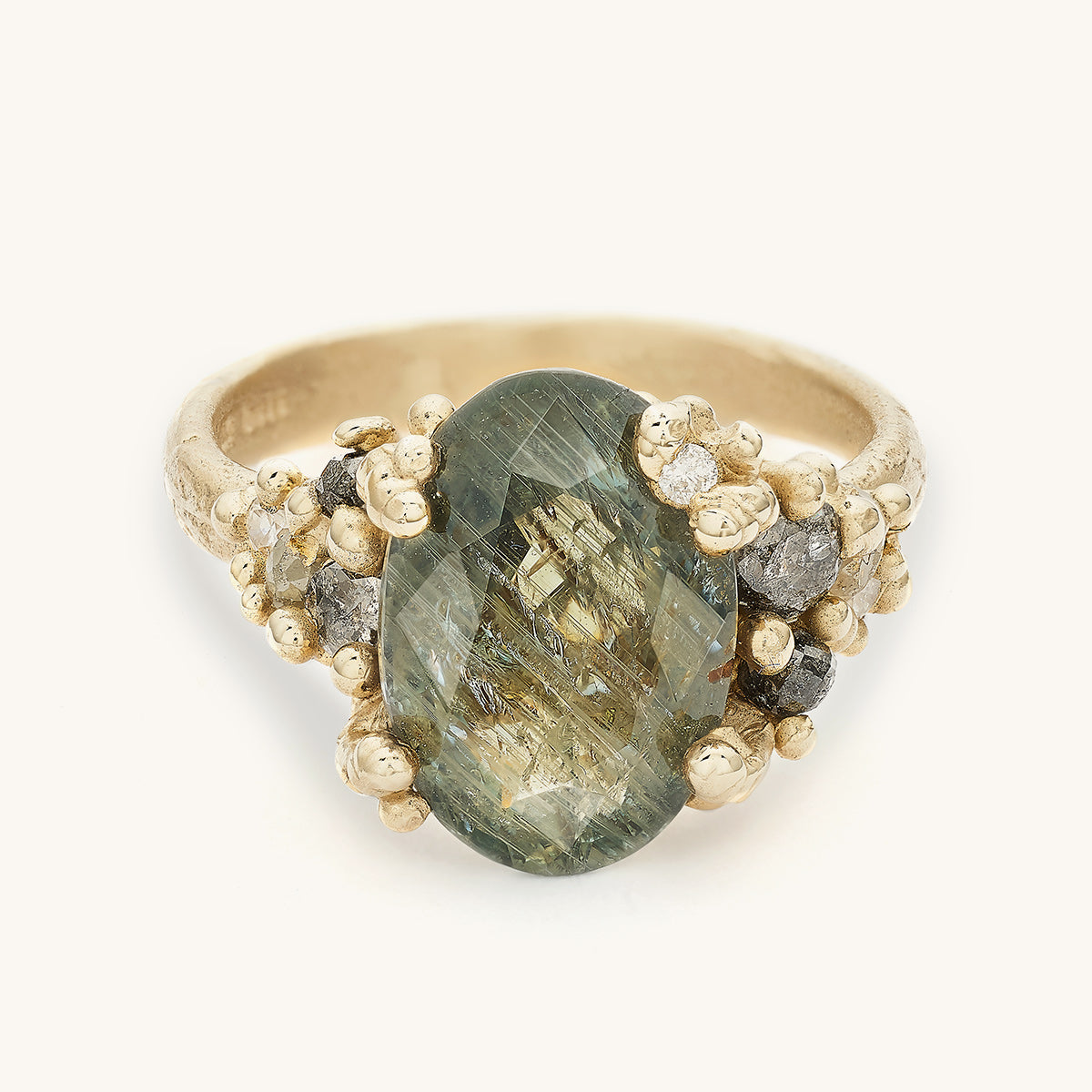Ruth Tomlinson One of a Kind Moss Green Sapphire and Grey Diamond Alternative Engagement Ring Handmade in London with Recycled Gold