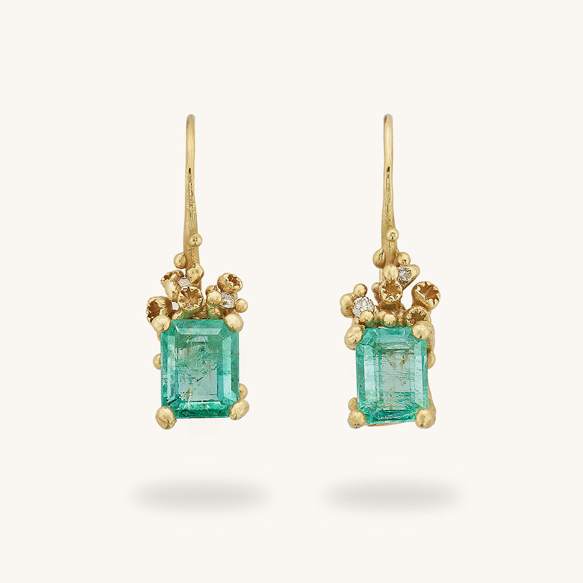 Ruth Tomlinson One of a Kind Ocean Inspired Emerald Drop Earrings Handmade in London with Recycled Gold