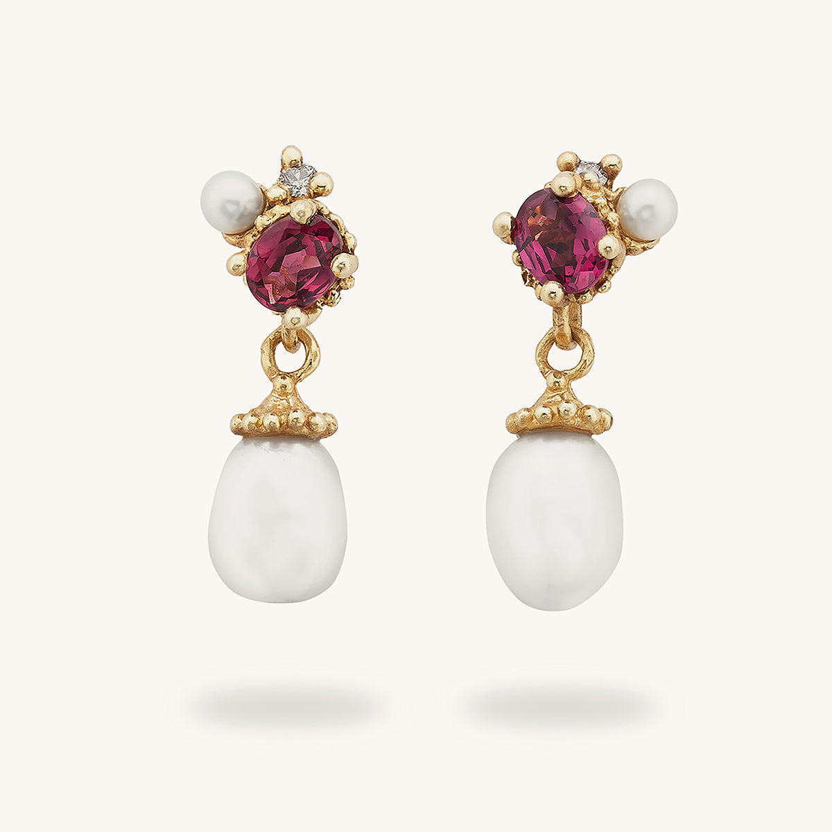 Ruth Tomlinson Pearl and Garnet drop earrings made from recycled gold